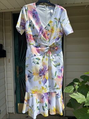 London Times White Midi Dress with Pastel Floral Print